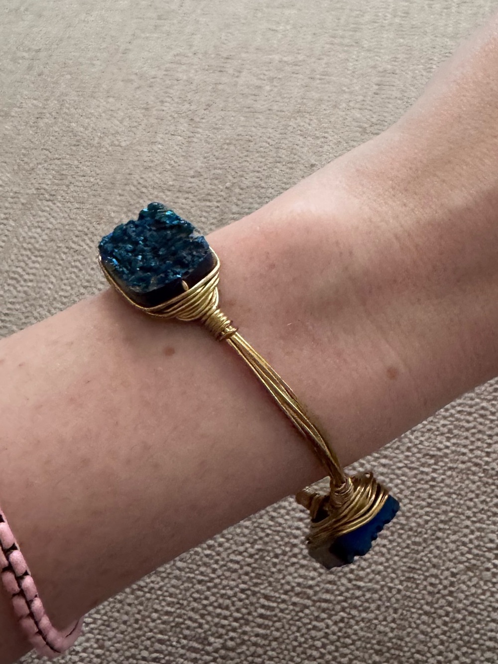 Gold Wire Wrapped Blue Stone Bangle Bracelet